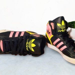 RARE Adidas Exataball Sneakers- Black, pink, yellow, and white, size 8 (womens)